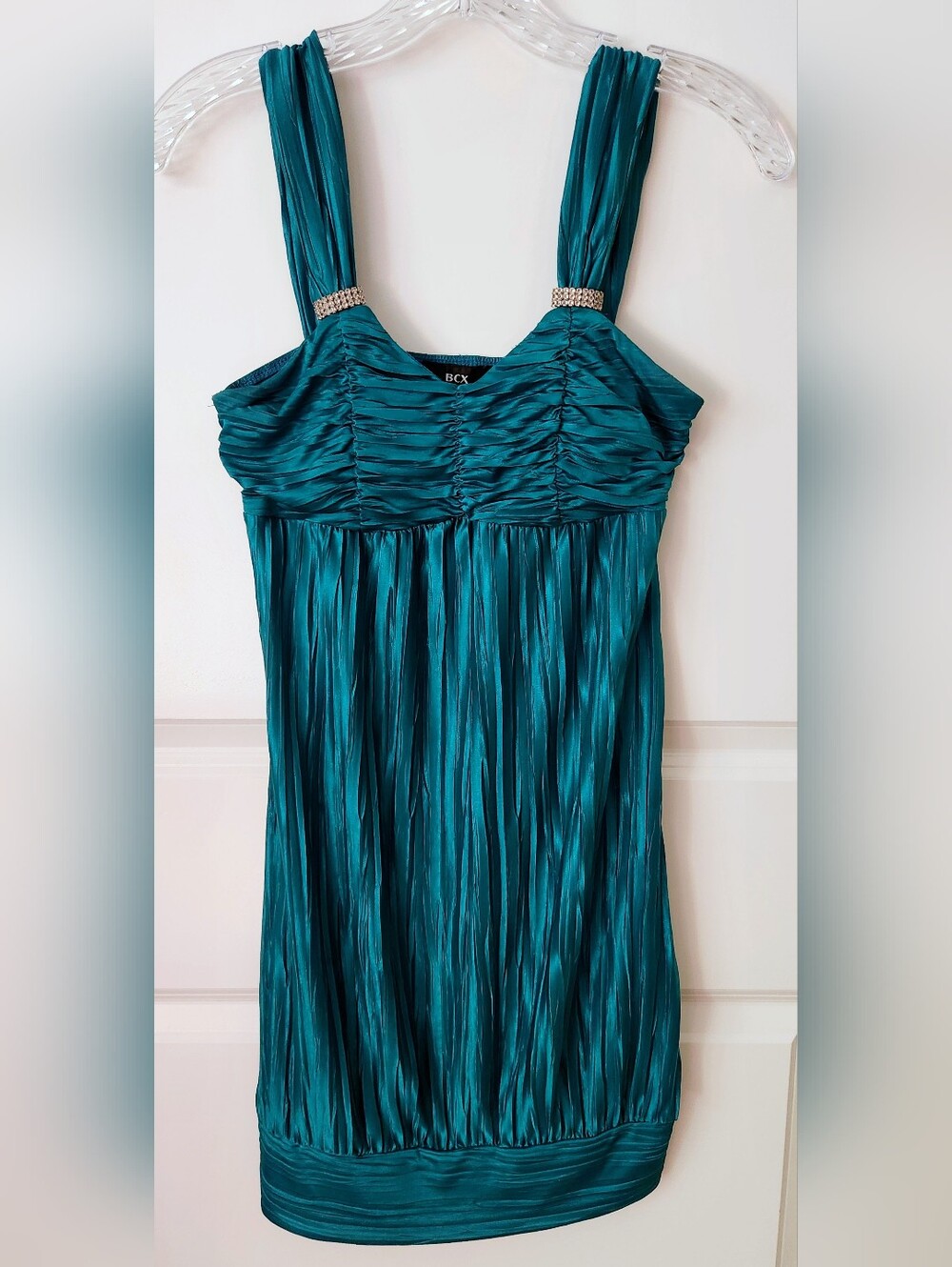 Stunning Vintage Teal BCX Pleated Dress with Rhinestone Accents – Size Small